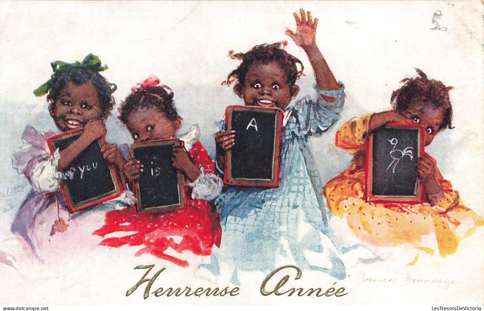 FÊTES ET VOEUX - Nouvel An - Des Petites Filles Noires Tenant Des Ardoises - Colorisé - Carte Postale Ancienne - Nouvel An
