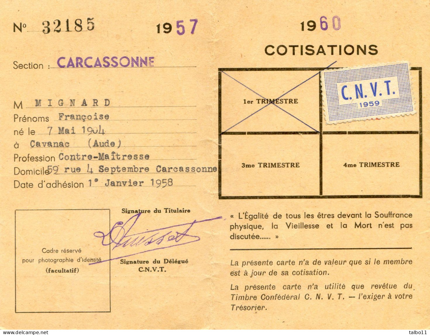 Carte De Membre De La Confedération Nationale Des Vieux Travailleurs - Carcassonne - Cartes De Membre