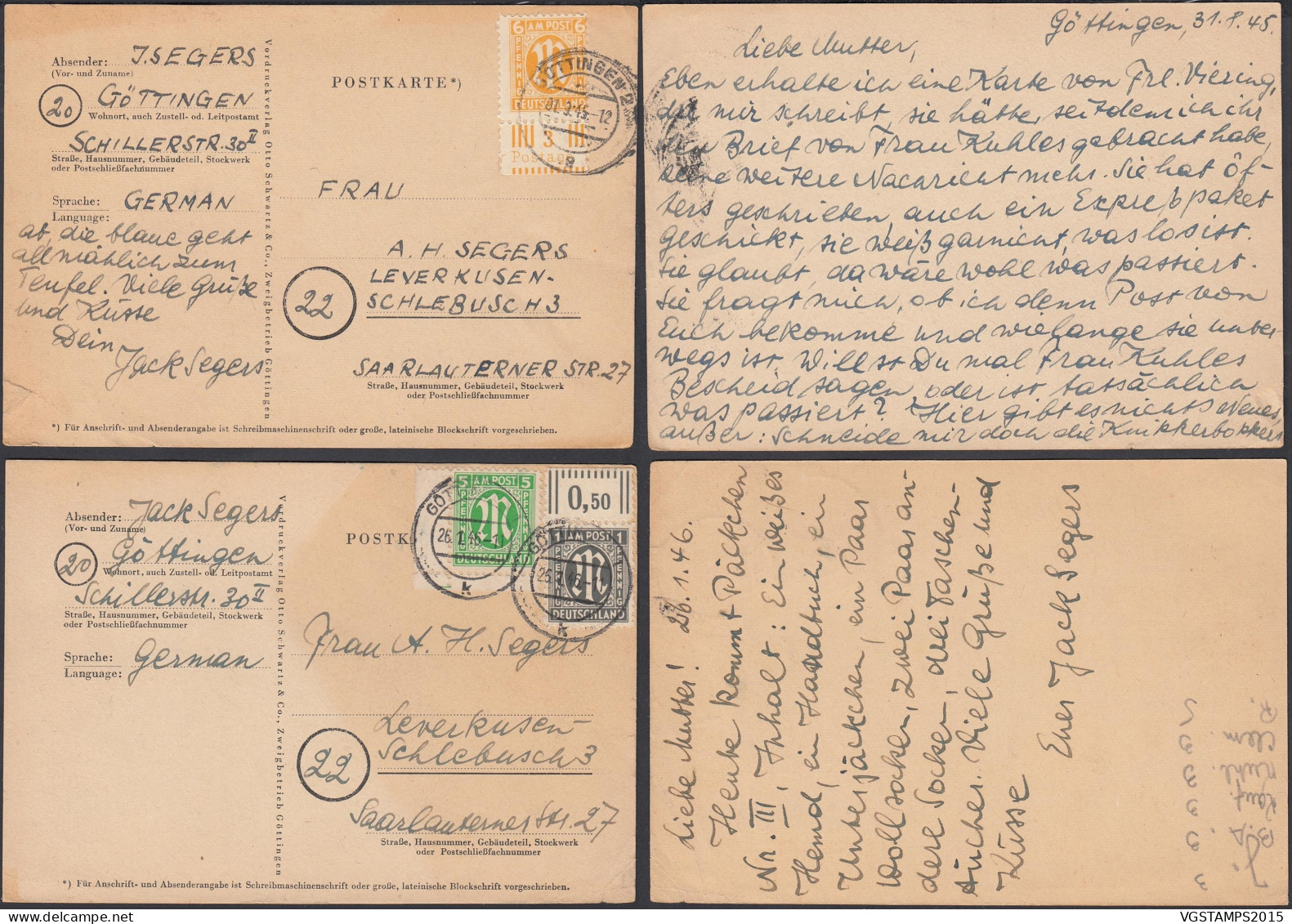 Allemagne 1945 - (Bizone) - Lot De 2 Cartes Postales De Prisonniers Avec Timbres Avec Inscriptions.....(EB) DC-12291 - Courriers De Prisonniers