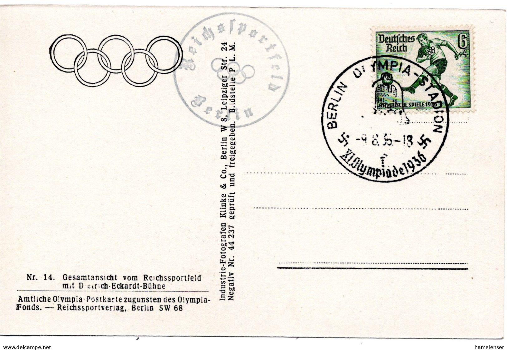 61124 - Deutsches Reich - 1936 - Ans.-Kte. "Reichssportfeld Mit Eckardt-Buehne", Blanko M Olympia-SoStpl - Olympische Spiele