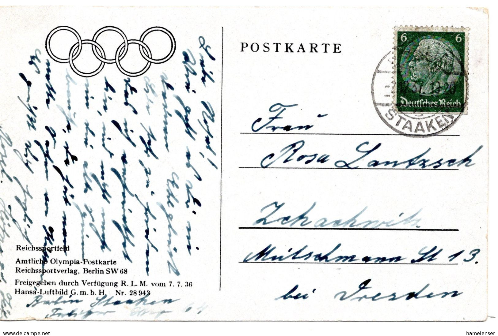 61127 - Deutsches Reich - 1937 - Ans.-Kte. "Reichssportfeld", Gebraucht - Jeux Olympiques