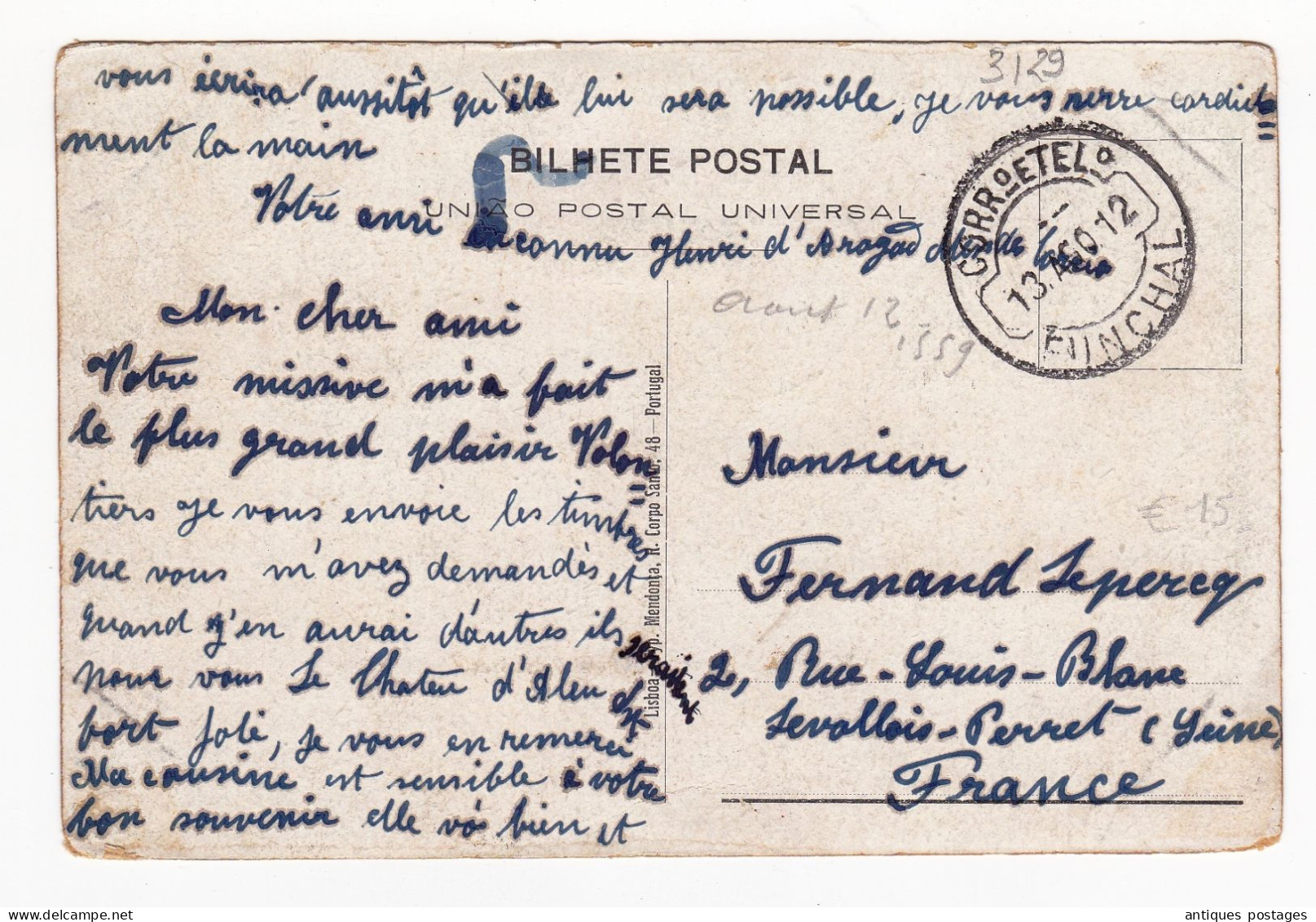 Bilhete Postal 1912 Funchal Portugal Levallois Perret France Jardim Publico - Palmeiras Stamp Rei Manuel II - Funchal