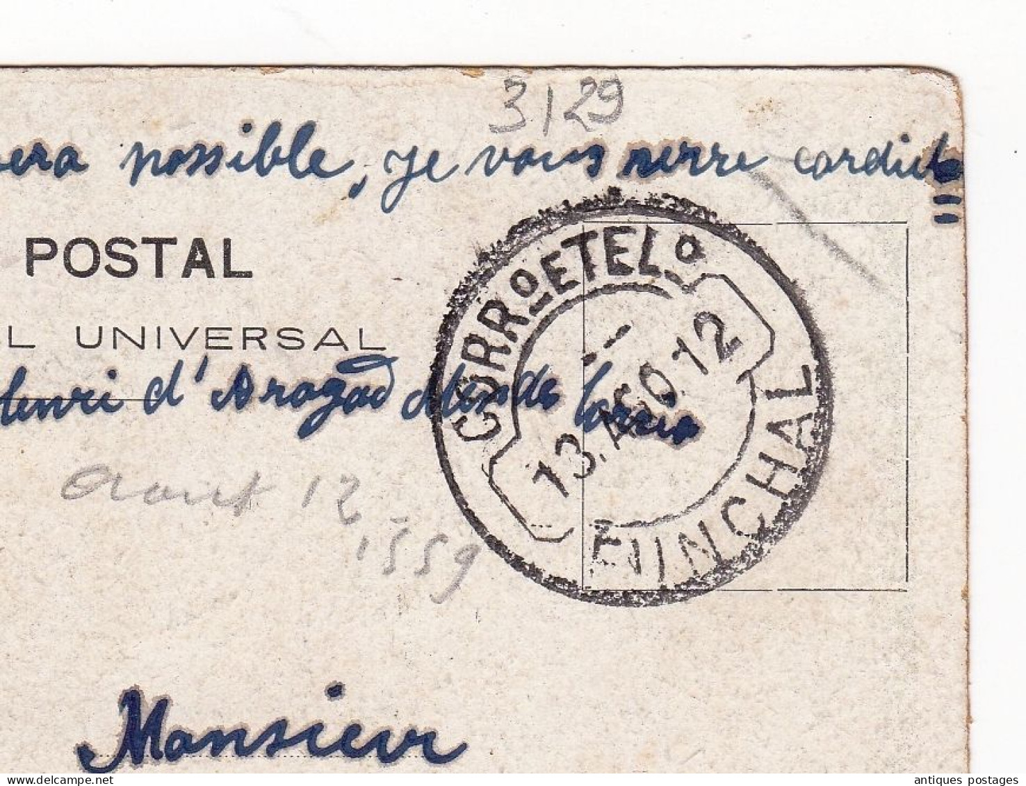 Bilhete Postal 1912 Funchal Portugal Levallois Perret France Jardim Publico - Palmeiras Stamp Rei Manuel II