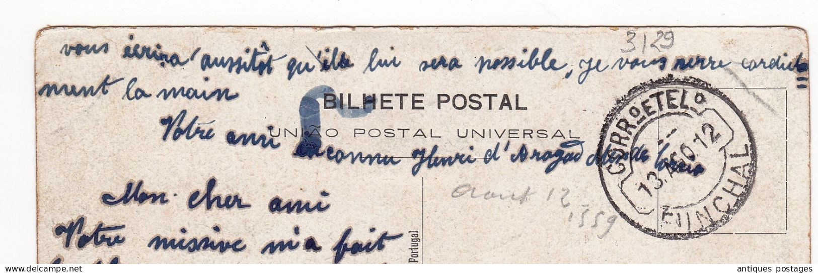 Bilhete Postal 1912 Funchal Portugal Levallois Perret France Jardim Publico - Palmeiras Stamp Rei Manuel II