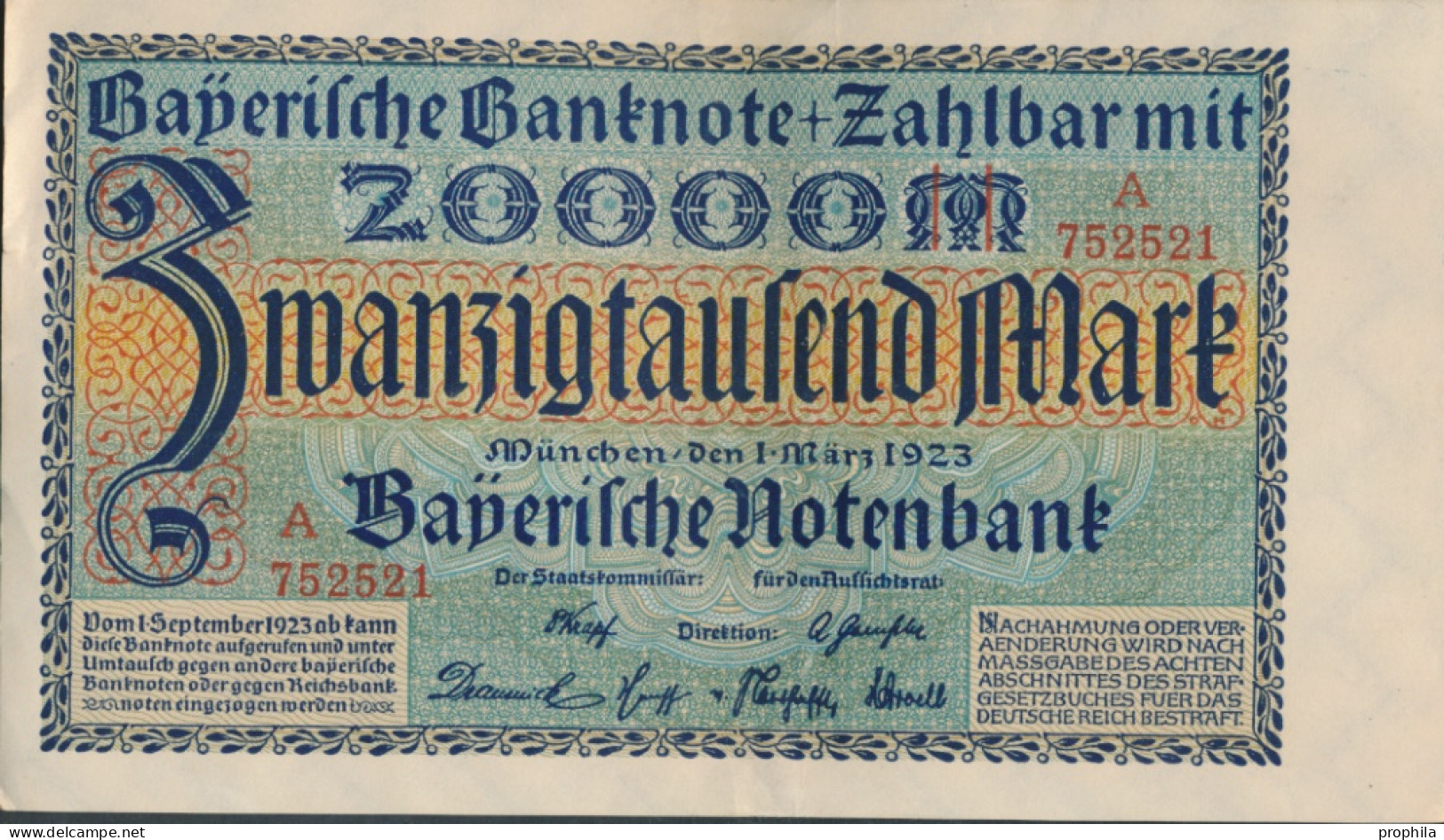 Bayern Rosenbg: BAY7a Länderbanknote Bayern Gebraucht (III) 1923 20.000 Mark (10288497 - 20.000 Mark