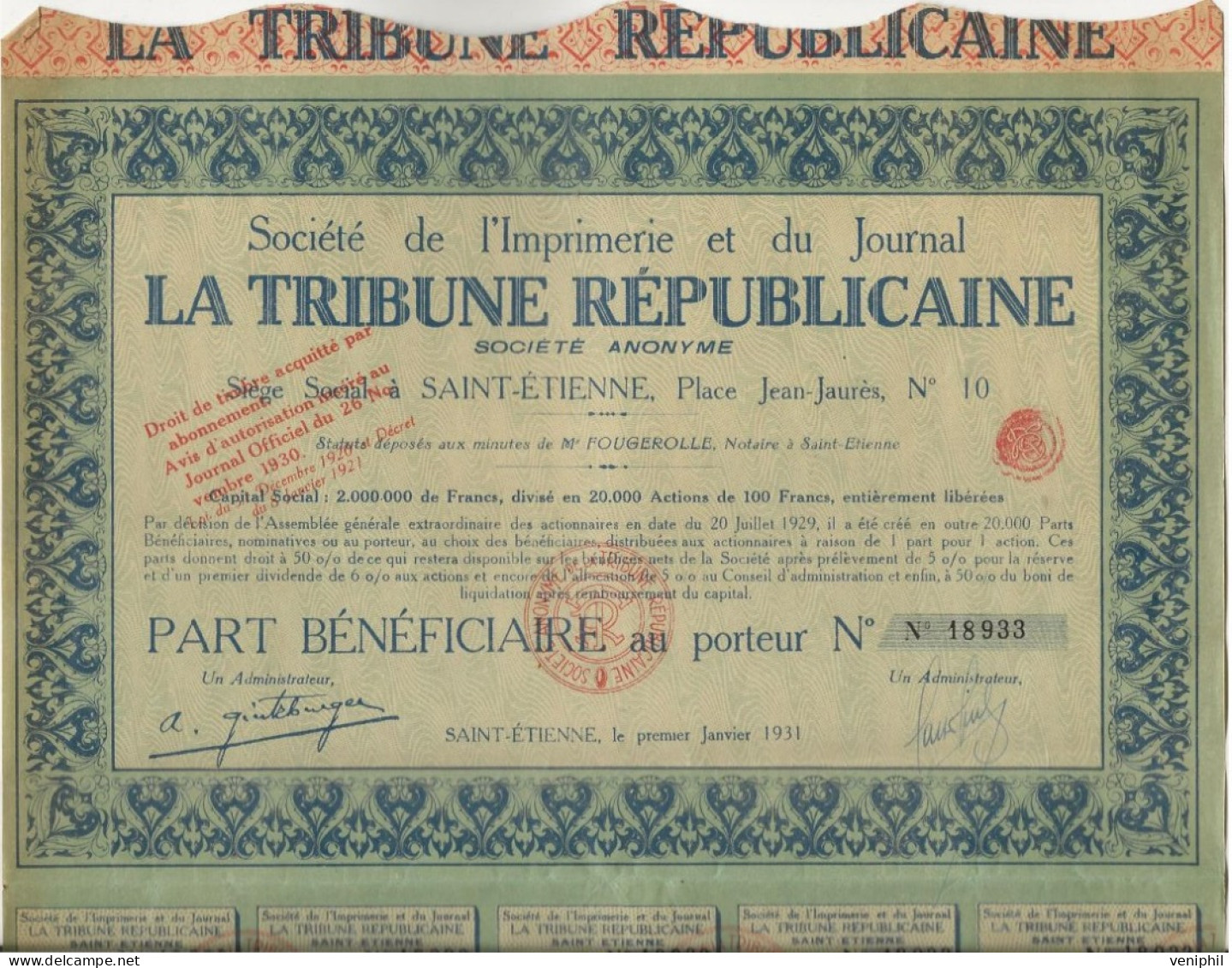 SOCIETE DE L'IMPRIMERIE ET DU JOURNAL LA TRIBUNE REPUBLICAINE -- SAINT -ETIENNE -A NNEE 1911 - Afrique