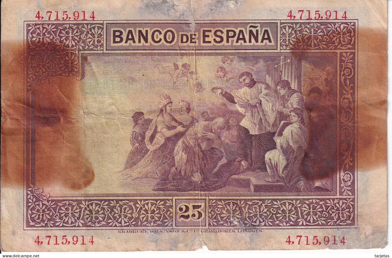 BILLETE DE ESPAÑA DE 25 PTAS DEL AÑO 1926 SIN SERIE  (BANKNOTE) - 1-2-5-25 Pesetas