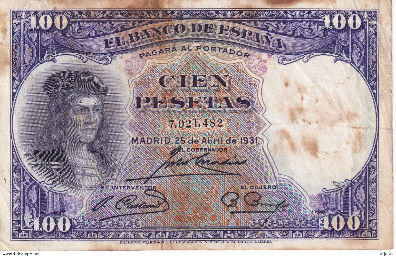 BILLETE DE ESPAÑA DE 100 PTAS DEL AÑO 1931 SIN SERIE  (BANKNOTE) EL GRAN CAPITAN - 100 Peseten