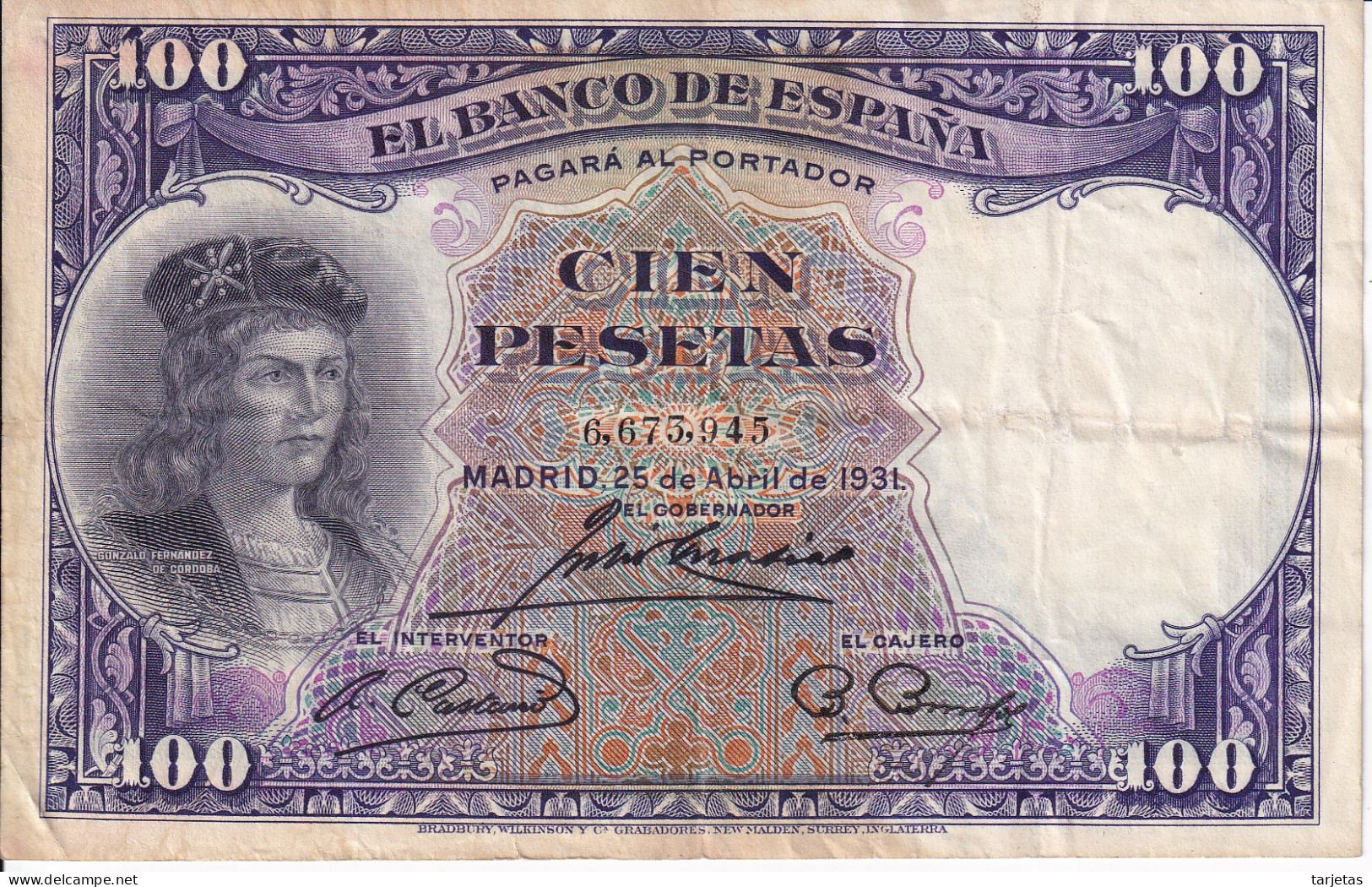 BILLETE DE ESPAÑA DE 100 PTAS DEL AÑO 1931 SIN SERIE  (BANKNOTE) EL GRAN CAPITAN - 100 Pesetas