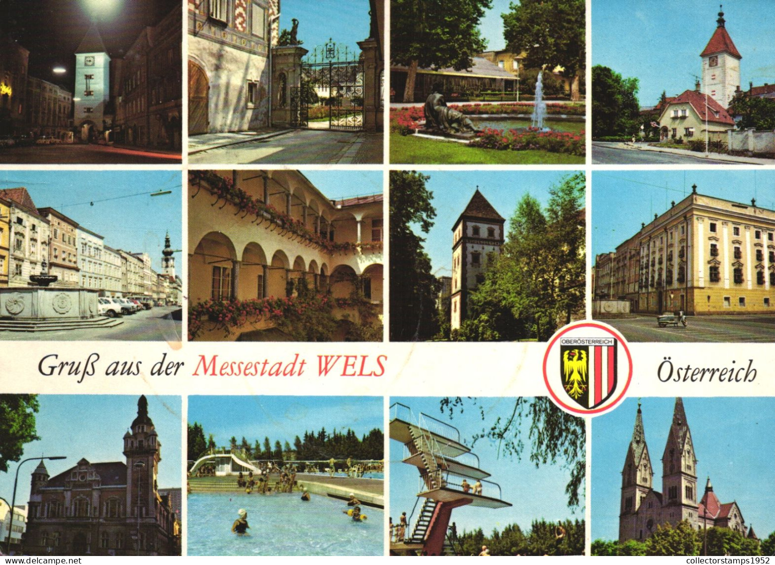 WELS, MESSESTADT, MULTIPLE VIEWS, CHURCH, TOWER WITH CLOCK, FOUNTAIN, STATUE, ARCHITECTURE, POOL, RESORT, EMBLEM,AUSTRIA - Wels