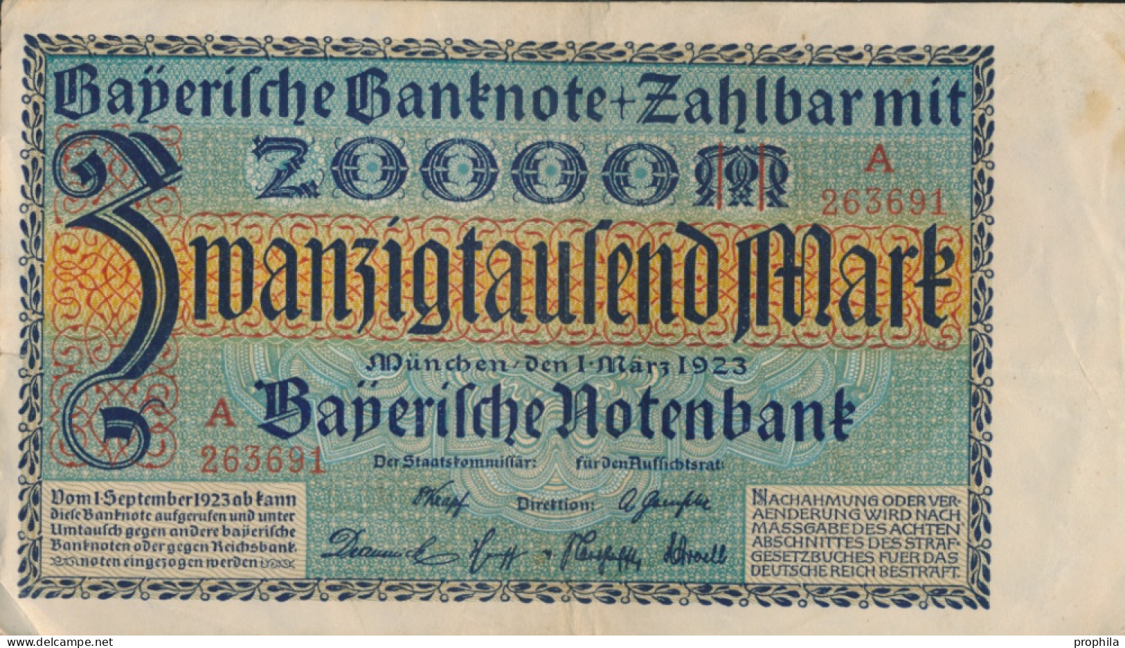 Bayern Rosenbg: BAY7a Länderbanknote Bayern Gebraucht (III) 1923 20.000 Mark (10288504 - 20.000 Mark