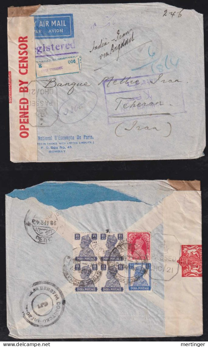 India 1942 Triple Censor Registered Airmail Cover BOMBY Stock Exchange X THERAN Iran Via Bagdad - 1936-47 King George VI