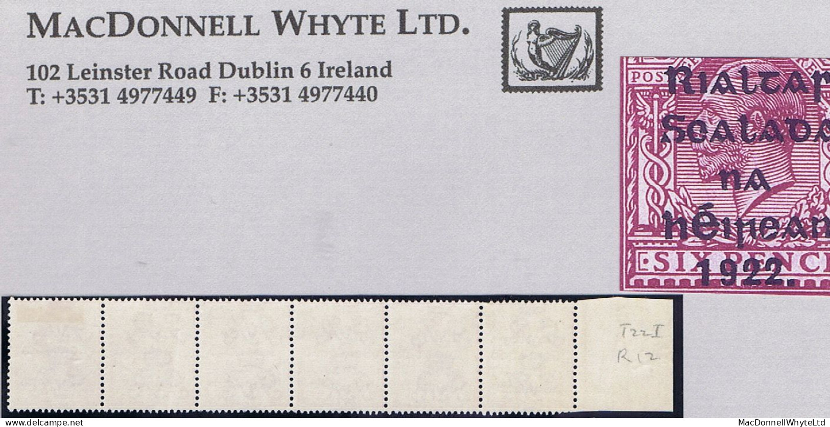 Ireland Thom Rialtas (Feb) Overprint On 6d Purple Variety 'R Over Se" Strip Of 6 - Neufs