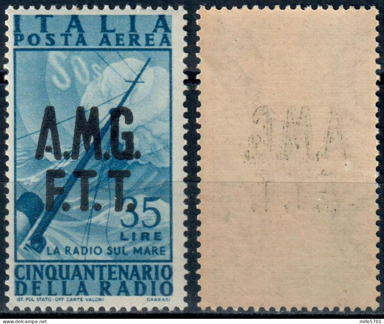 AMG-FTT 1947 POSTA AEREA L. 35 CINQUANTENARIO INVENZIONE DELLA RADIO SOPRASTAMPATO + DECALCO MNH ** - SASSONE PA11b - Poste Aérienne