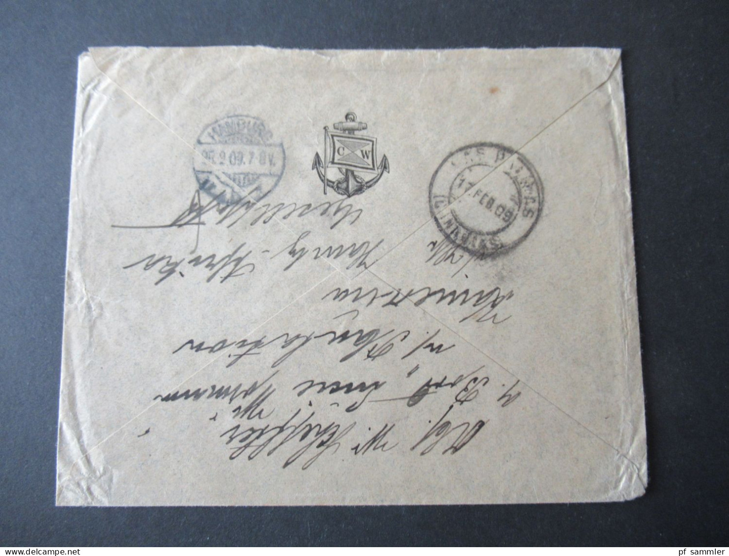 Kolonie Kamerun / DR 1909 Schiffspost Deutsche Seepost Hamburg Westafrika XXXII. Umschlag Mit Anker CW / Kanaren Stp. - Camerún