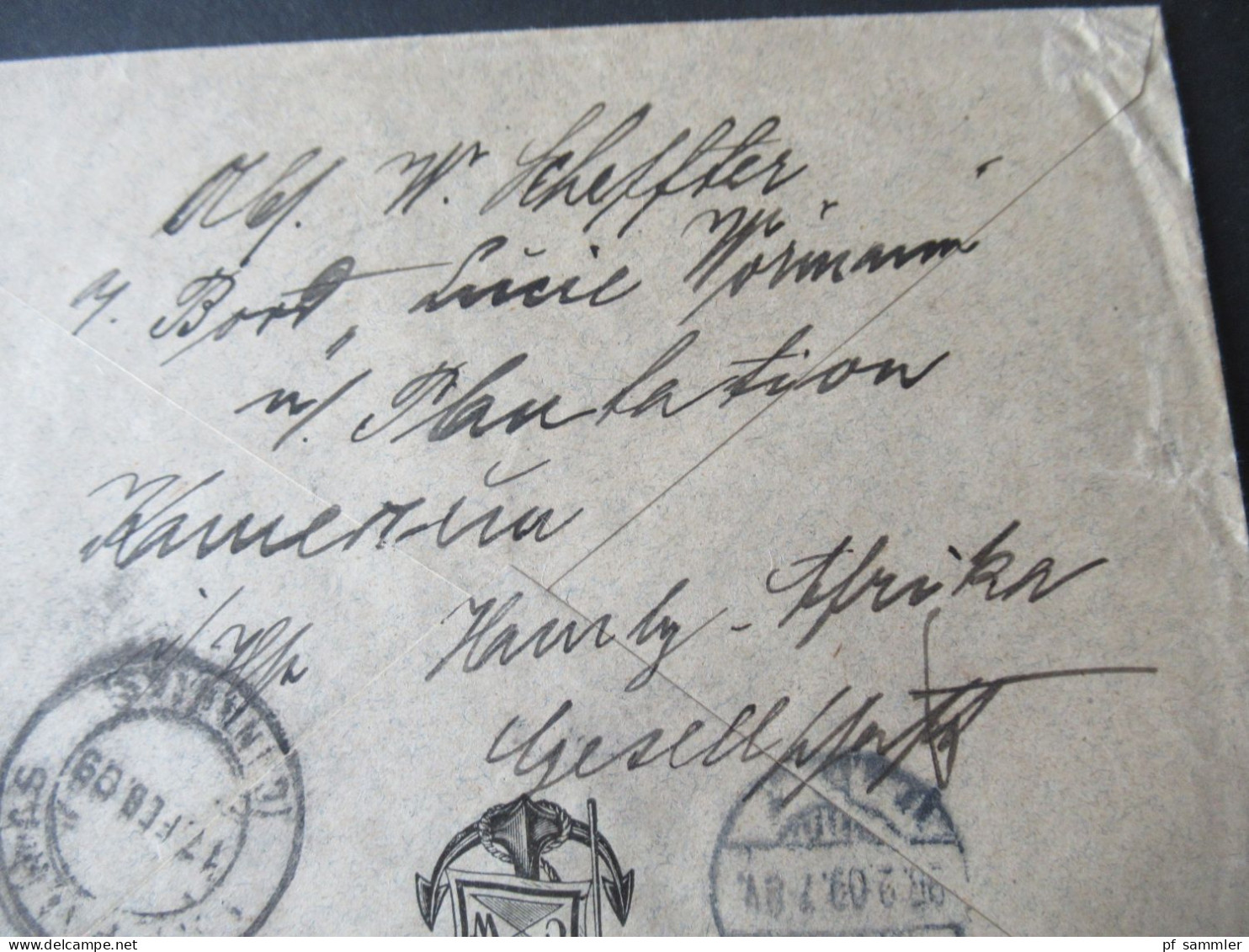Kolonie Kamerun / DR 1909 Schiffspost Deutsche Seepost Hamburg Westafrika XXXII. Umschlag mit Anker CW / Kanaren Stp.