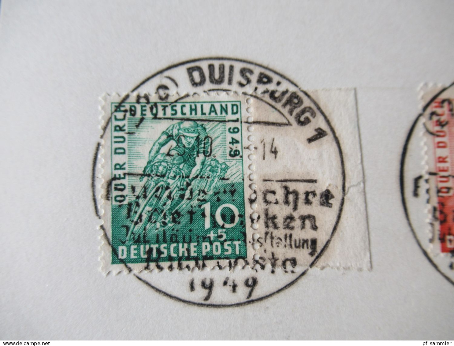 Bizone Radrennen "Quer Durch Deutschland" Mi.Nr.106 / 107 Randstück Rechts Briefstück Mit SSt Duisburg 1 Ruhrposta 1949 - Used