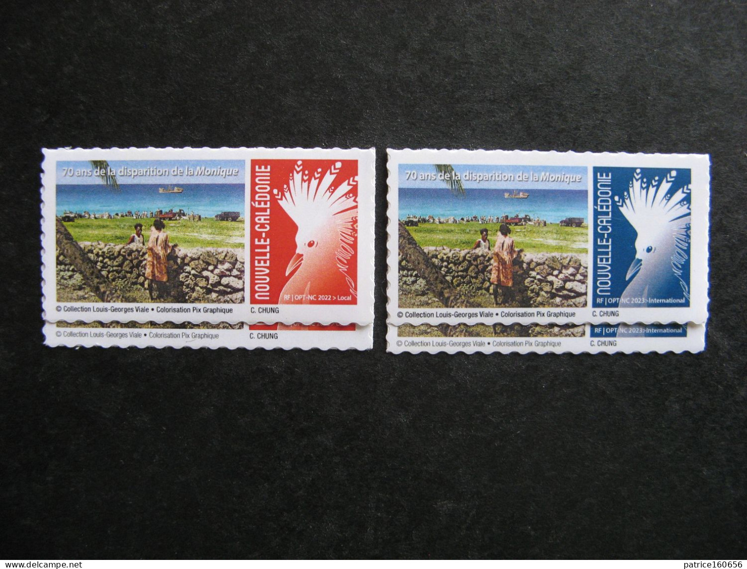 Nouvelle-Calédonie: R. Paire Adhésifs "70 Ans De La Disparition De La Monique", Variété Inscriptions Courtes, Neufs XX . - Unused Stamps