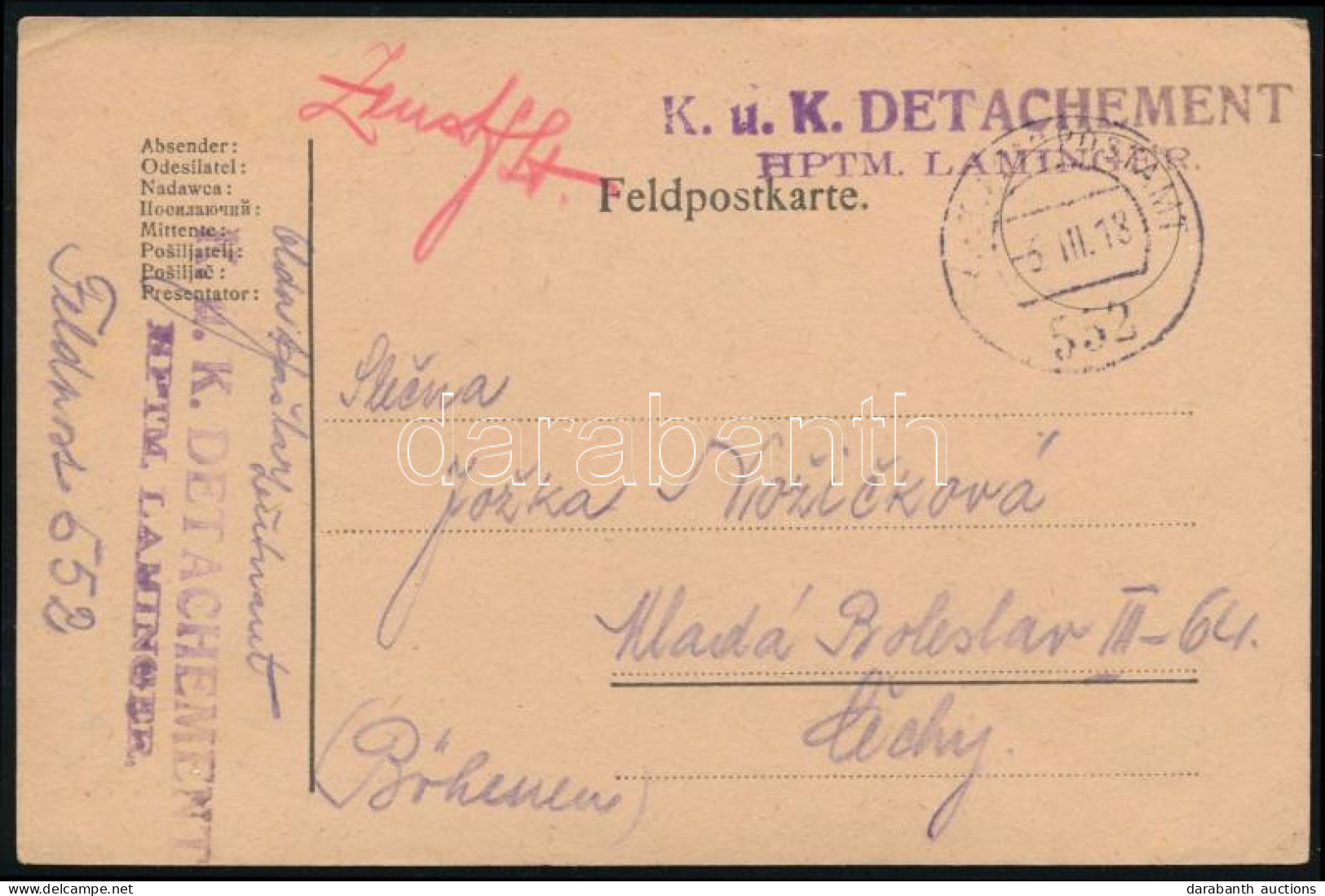 1918 Tábori Posta Levelezőlap "K.u.K. DETACHEMENT HPTM. LAMINGER" + "FP 552" - Other & Unclassified