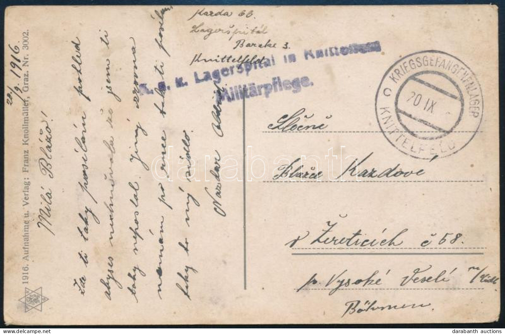 1916 Tábori Posta Képeslap "KRIEGSGEFANGENENLAGER / KNITTELFELD" , "K.u.K. Lagerspital In Knittenfeld" Csehországba Küld - Otros & Sin Clasificación