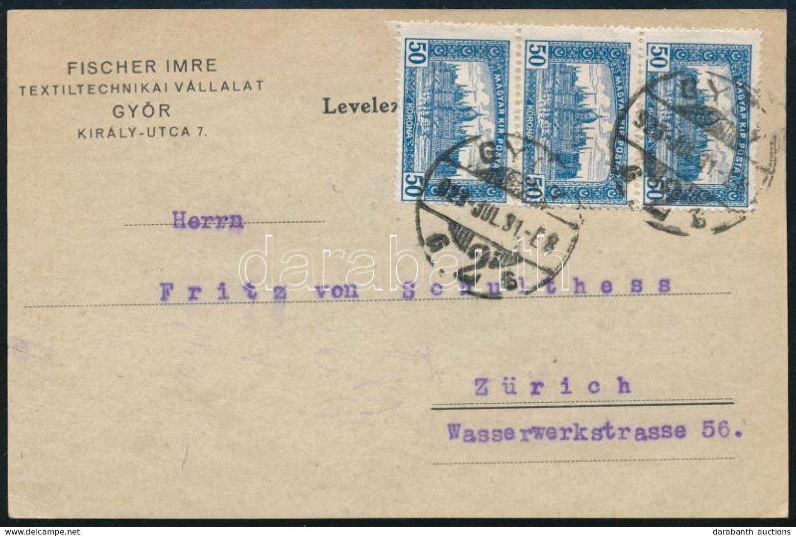 1923 Inflációs Levelezőlap 8. Periódus Parlament 3 X 50K Bérmentesítéssel "GYŐR" - Zürich - Andere & Zonder Classificatie