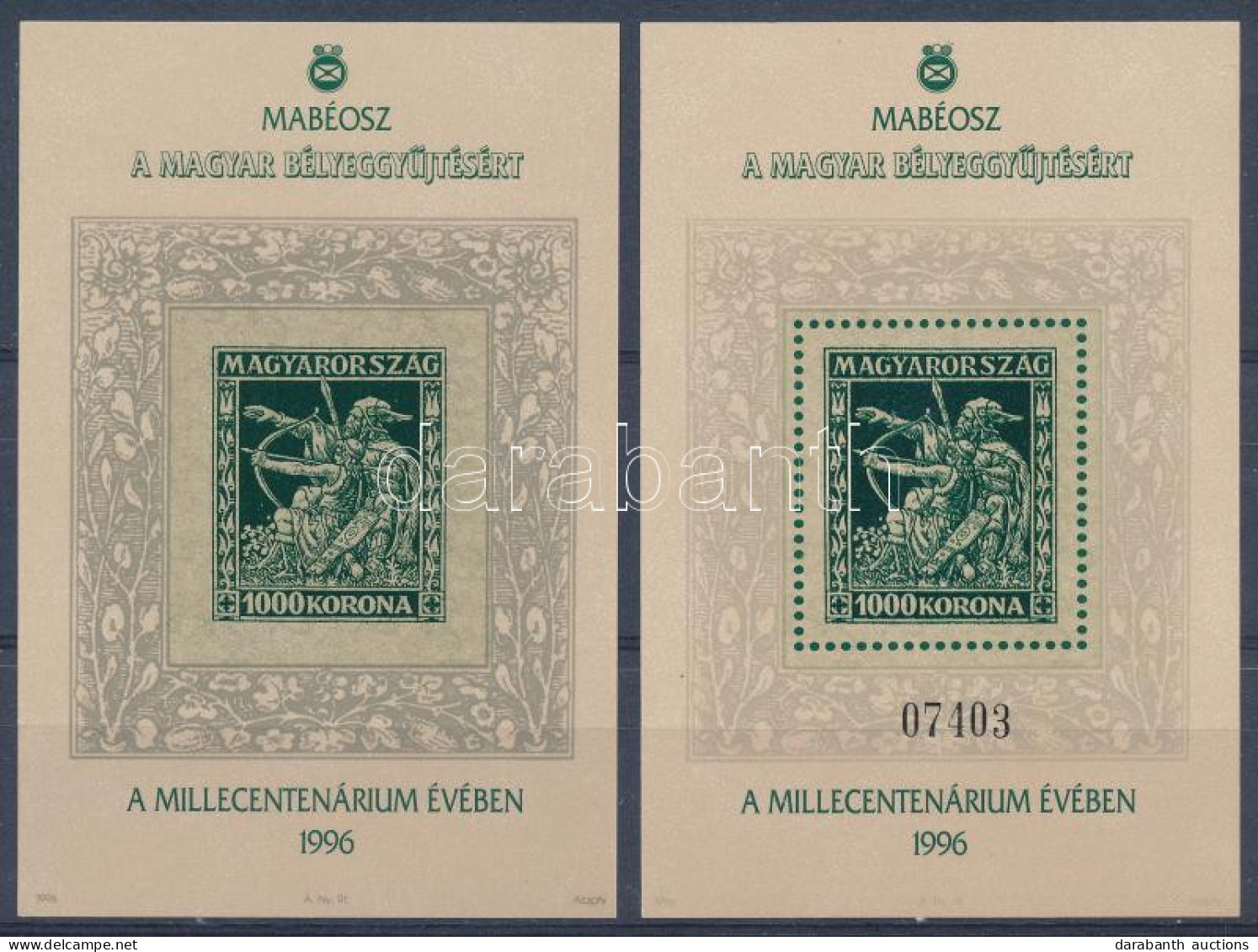 ** 1996 Magyar Bélyeggyűjtésért A Millecentenárium évében 2 Db Emlékív, Az Egyik Sorszámmal, A Másik Sorszám Nélkül - Autres & Non Classés