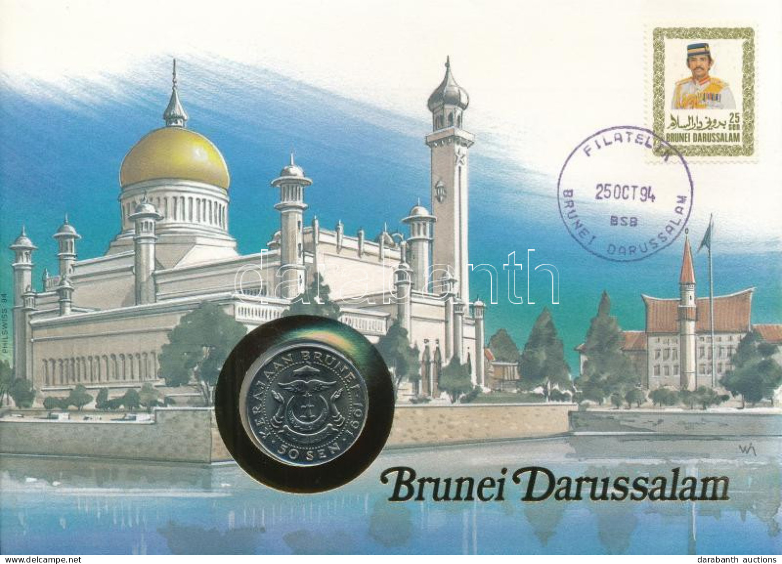 Brunei 1991. 50s Cu-Ni Felbélyegzett Borítékban, Bélyegzéssel, Német Nyelvű Leírással T:UNC Brunei 1991. 50 Sen Cu-Ni In - Unclassified