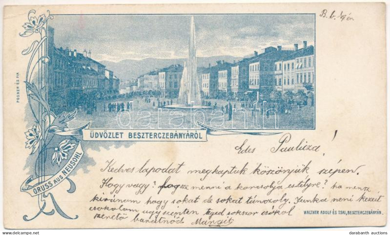 T2/T3 1903 Besztercebánya, Banská Bystrica; Tér, Szökőkút. Walther Adolf és Társai Kiadása / Square, Fountain. Posner és - Non Classés