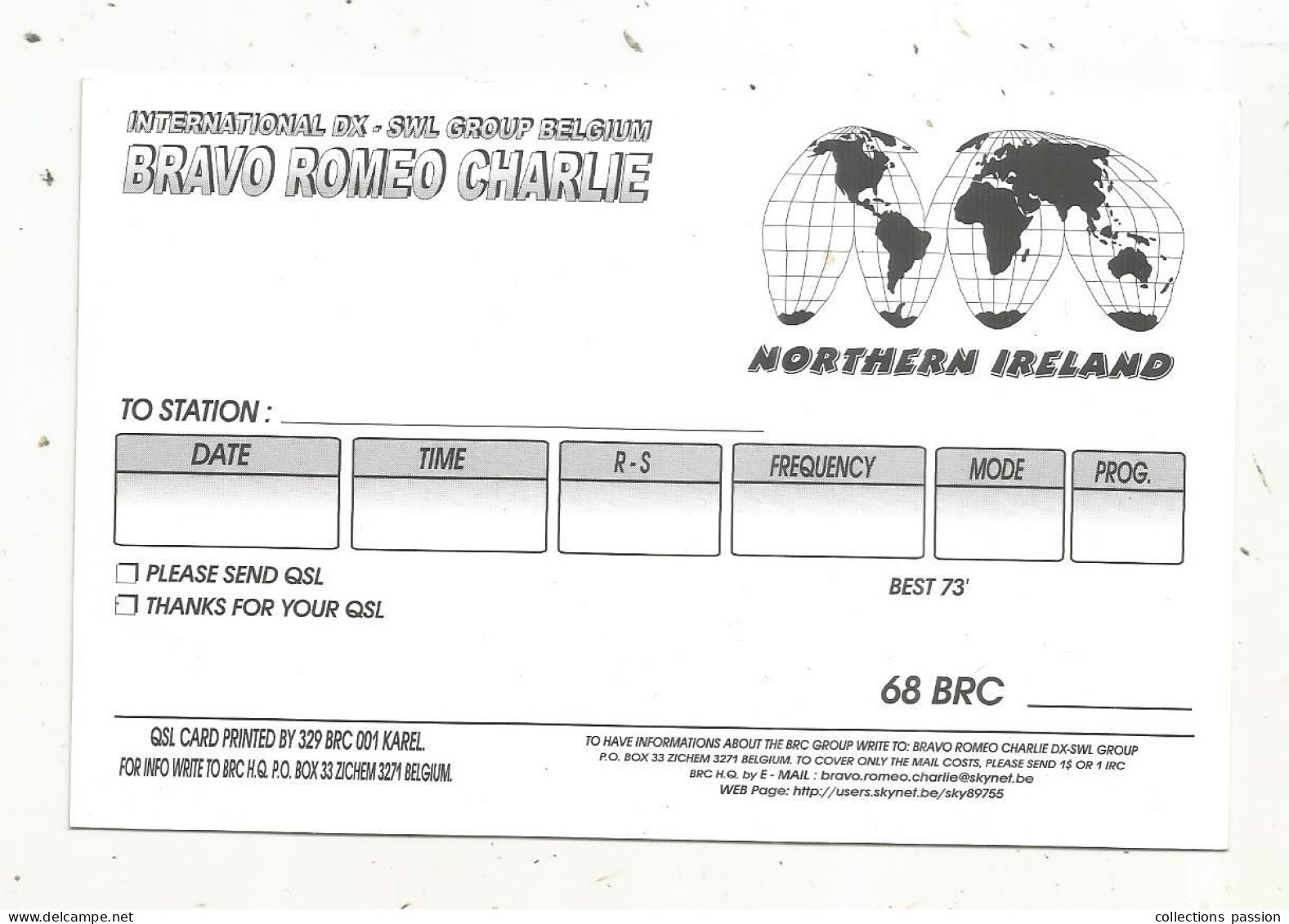 Cp , Carte QSL 4 Pages,  BRAVO ROMEO CHARLIE, International DX - SWL Group Belgium, NORTHERN IRELAND, Blasons,  2 Scans - Radio Amateur