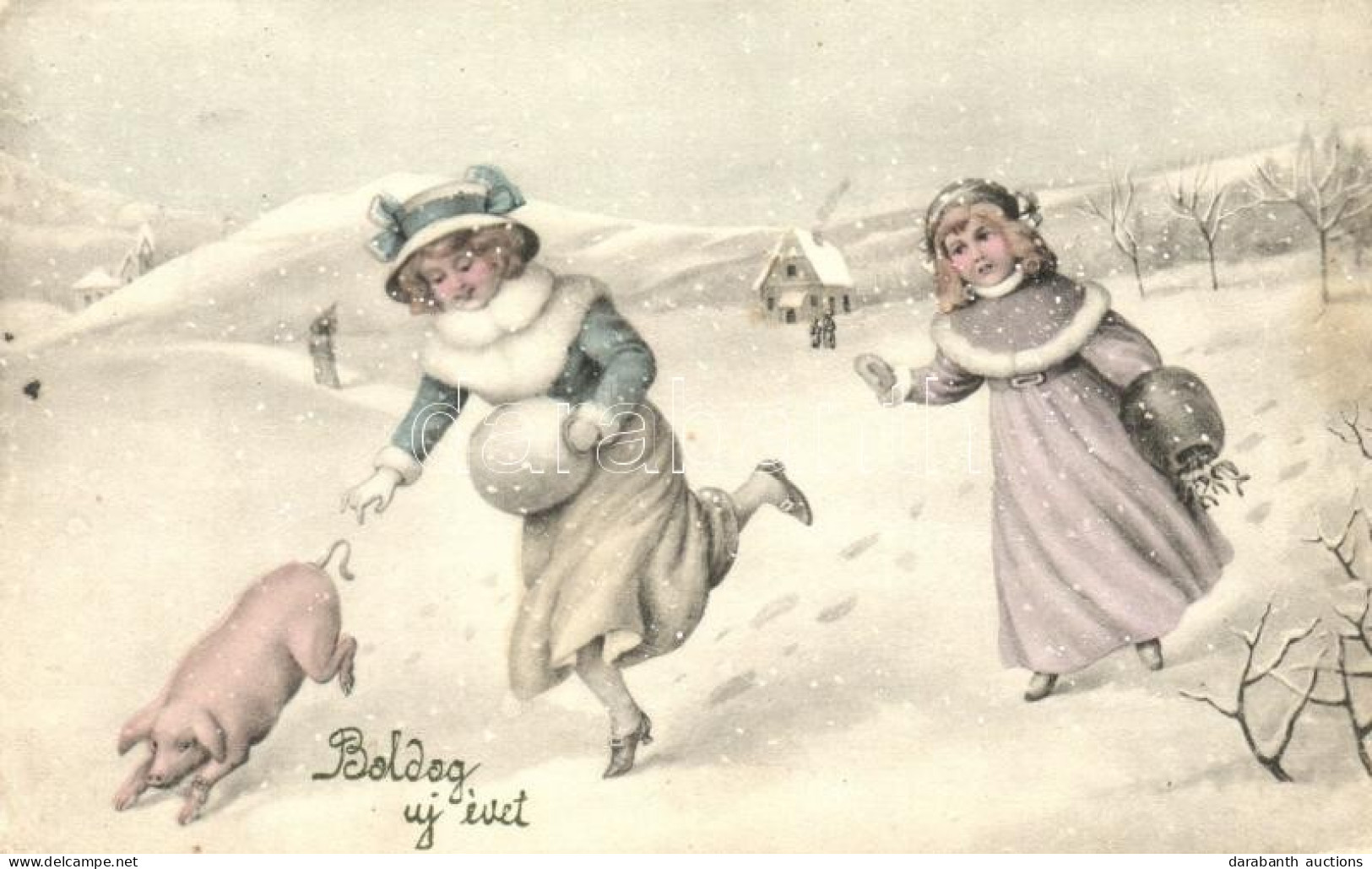 T3 'Boldog új évet' / New Year, Children Chasing Pig, V.K. Vienne No. 5357 (fa) - Non Classés