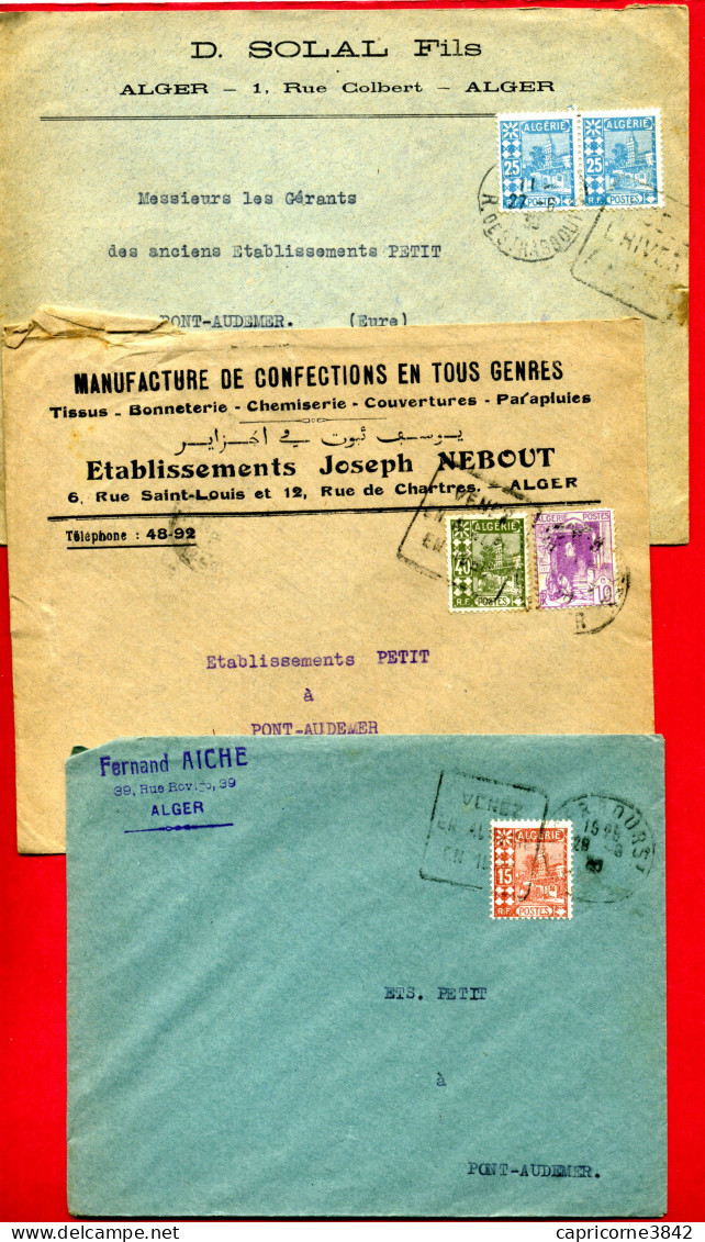 1930 - Algérie - 3 Enveloppes Pour Pont Audemer - Tp N° 38 -  39 - 45 - 78  - Oblitérations Daguin (un Peu Faibles) - Briefe U. Dokumente