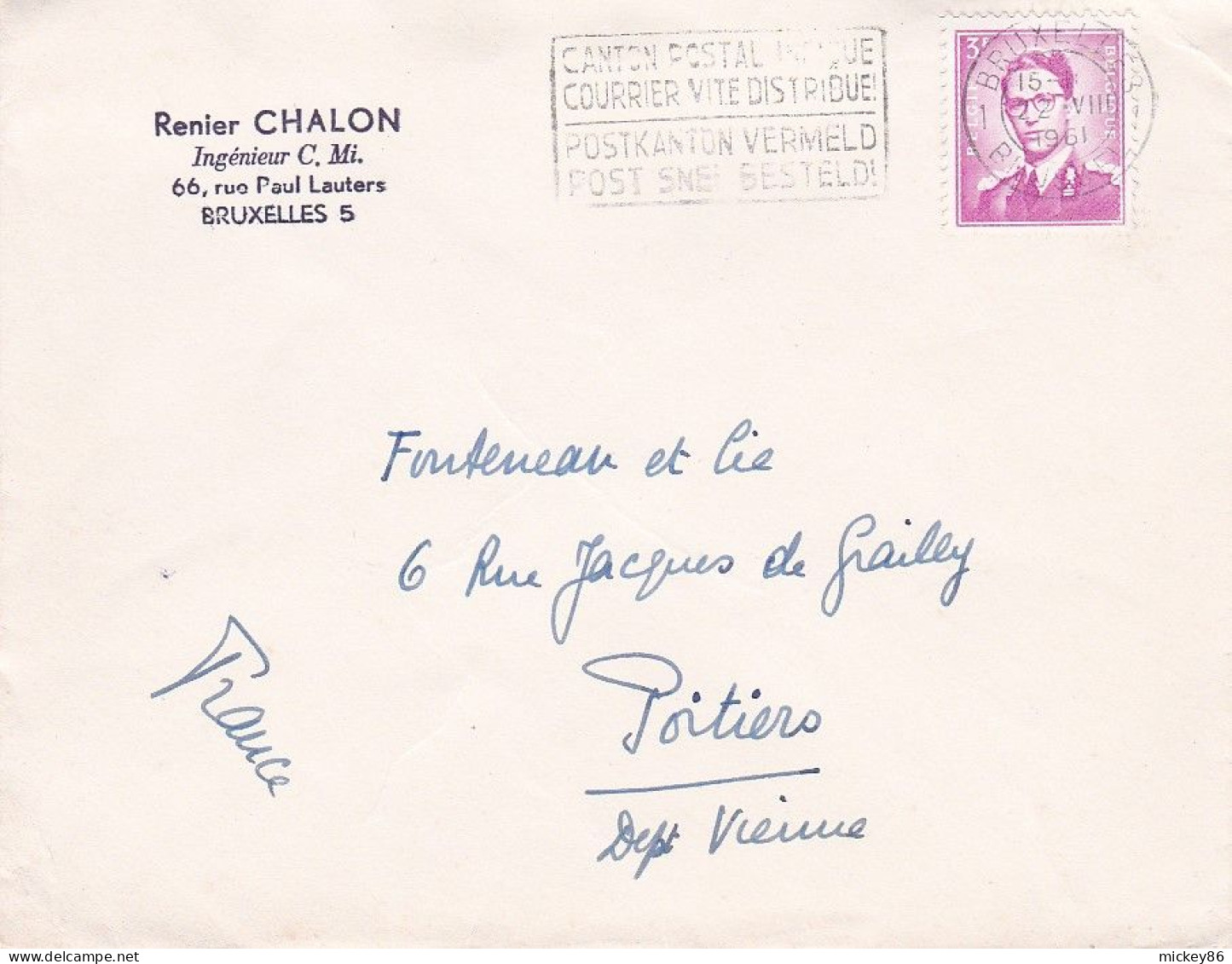 Belgique --1961--Lettre BRUXELLES  Pour POITIERS (France)..timbre Seul Sur Lettre + Cachet  22-8-1961 - Brieven En Documenten