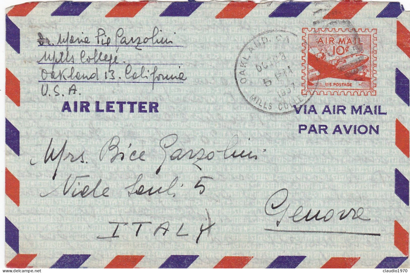 STATI UNITI - USA - OAKLAND (CALIFORNIA) - AIR LETTER V.G PER GENOVA - ITALIA - 1957 - 1941-60