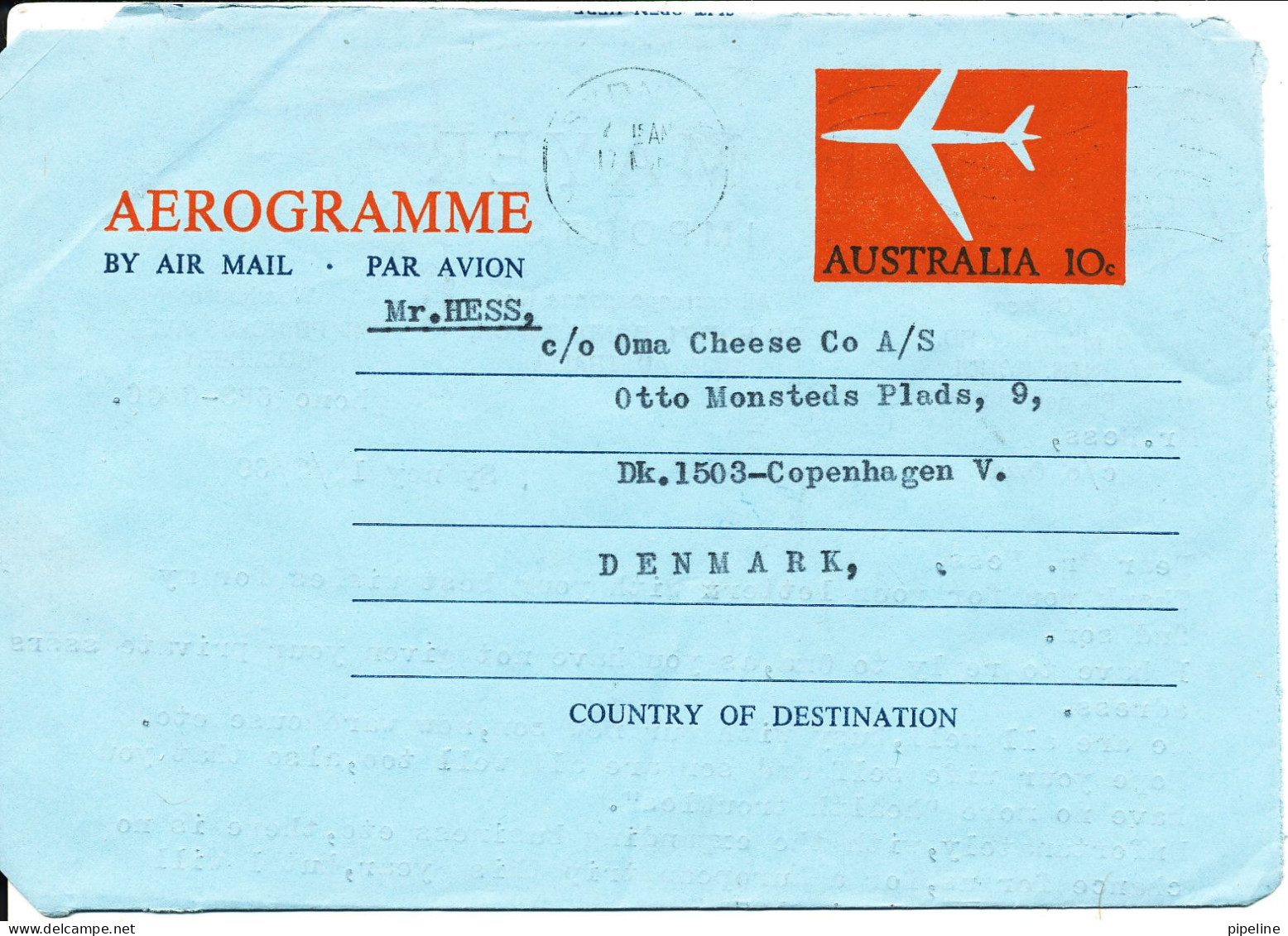 Australia Aerogramme Sent To Denmark 16-3-1969 - Aerograms