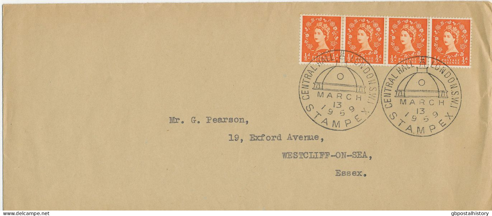 GB SPECIAL EVENT POSTMARKS 1959 STAMPEX CENTRAL HALL LONDON S.W.I. ADDRESSED TO GEORGE PEARSON - Cartas & Documentos