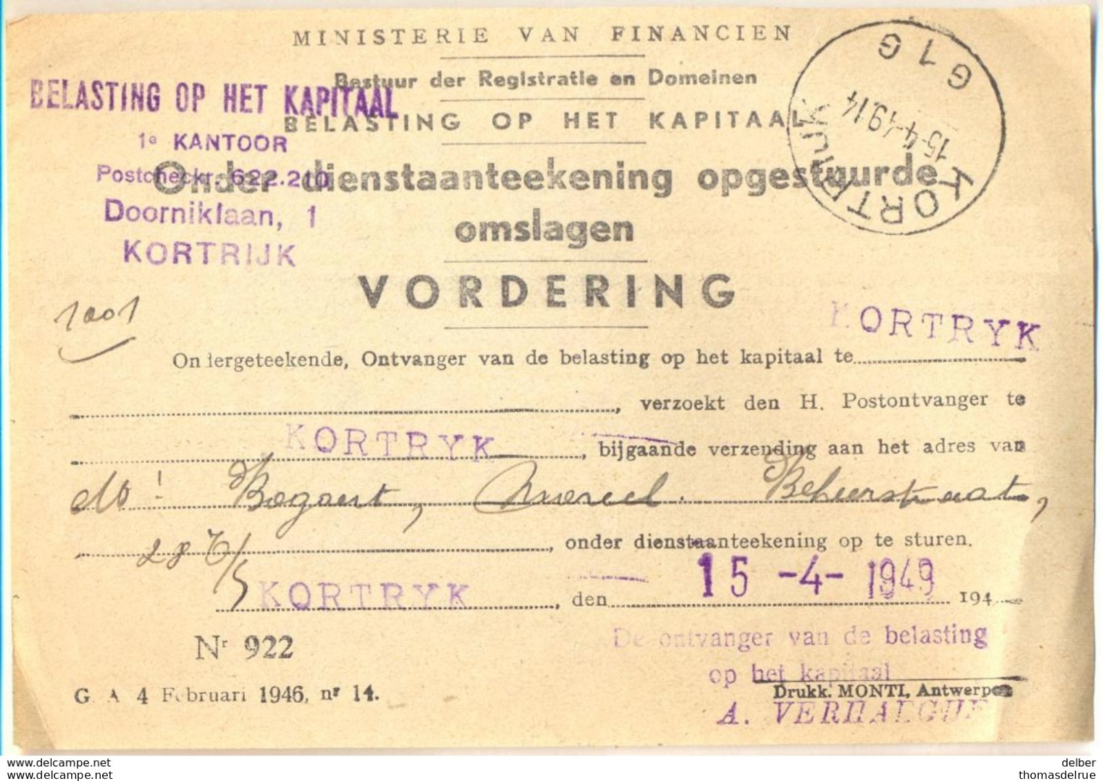 Nx294: VORDERING: KORTRIJK G1G 14-4-49 - Franchise