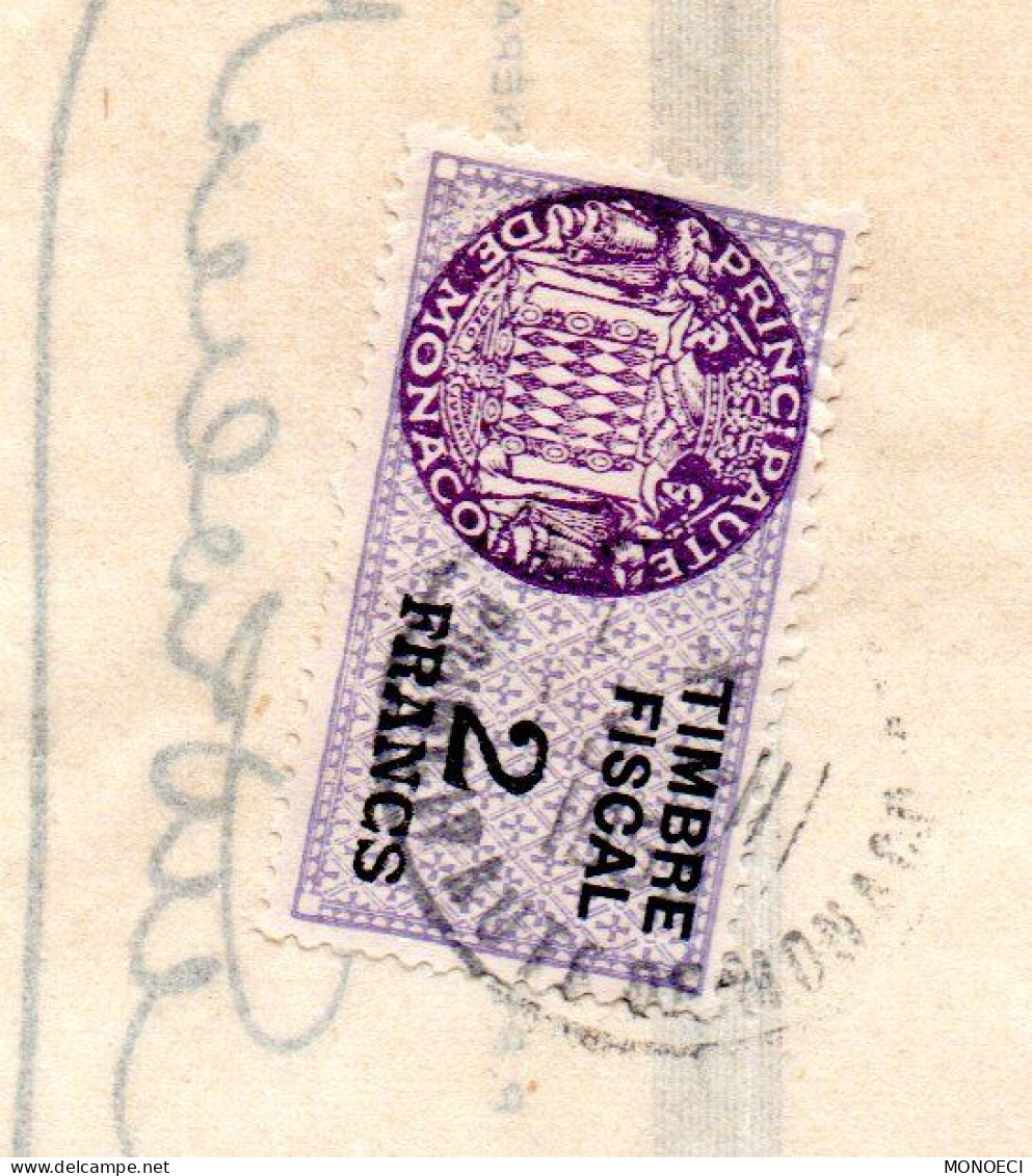 MONACO -- Timbres Fiscaux " Armoiries De Daussy "  2 Francs Violet-gris, Lilas Et Noir Sur Lettre De Change - Fiscale Zegels