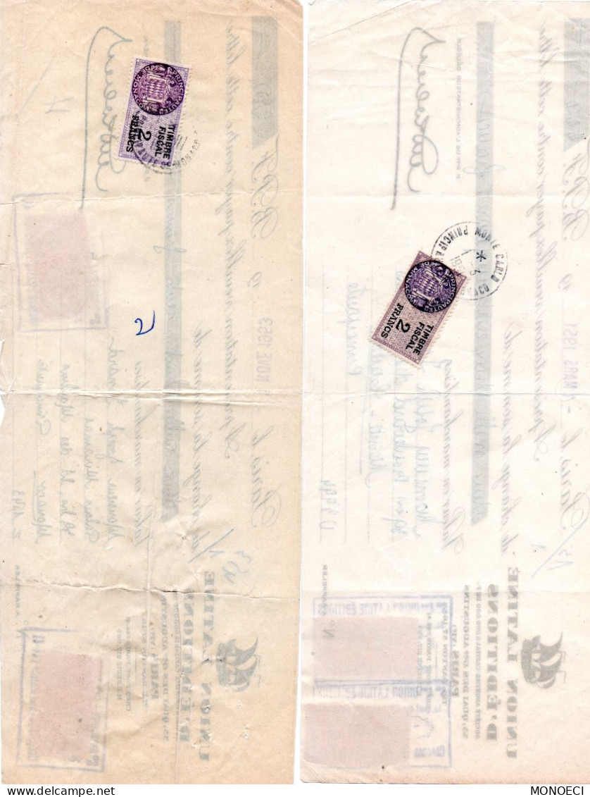 MONACO -- Timbres Fiscaux " Armoiries De Daussy "  2 Francs Violet-gris, Lilas Et Noir Sur Lettre De Change - Fiscale Zegels