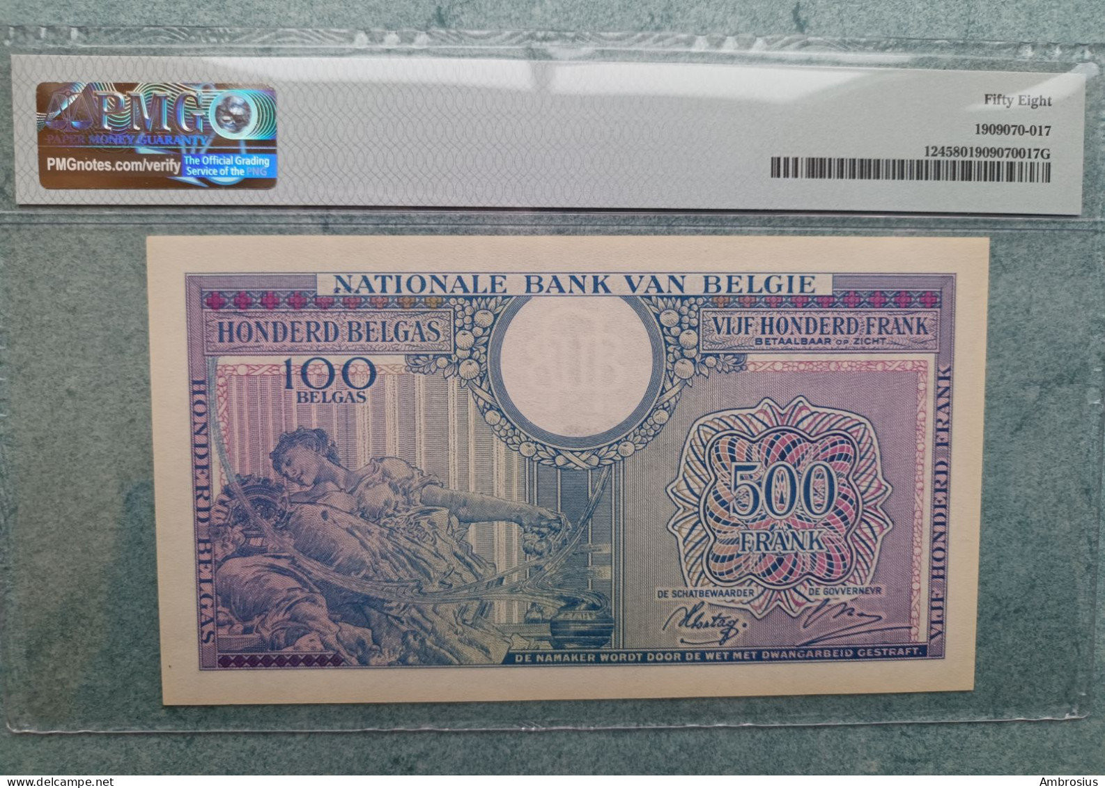 Belgium # P124 #Banque Nationale 500 Francs Ou 100 Belga London PMG 58 RARE!! - 500 Francs-100 Belgas