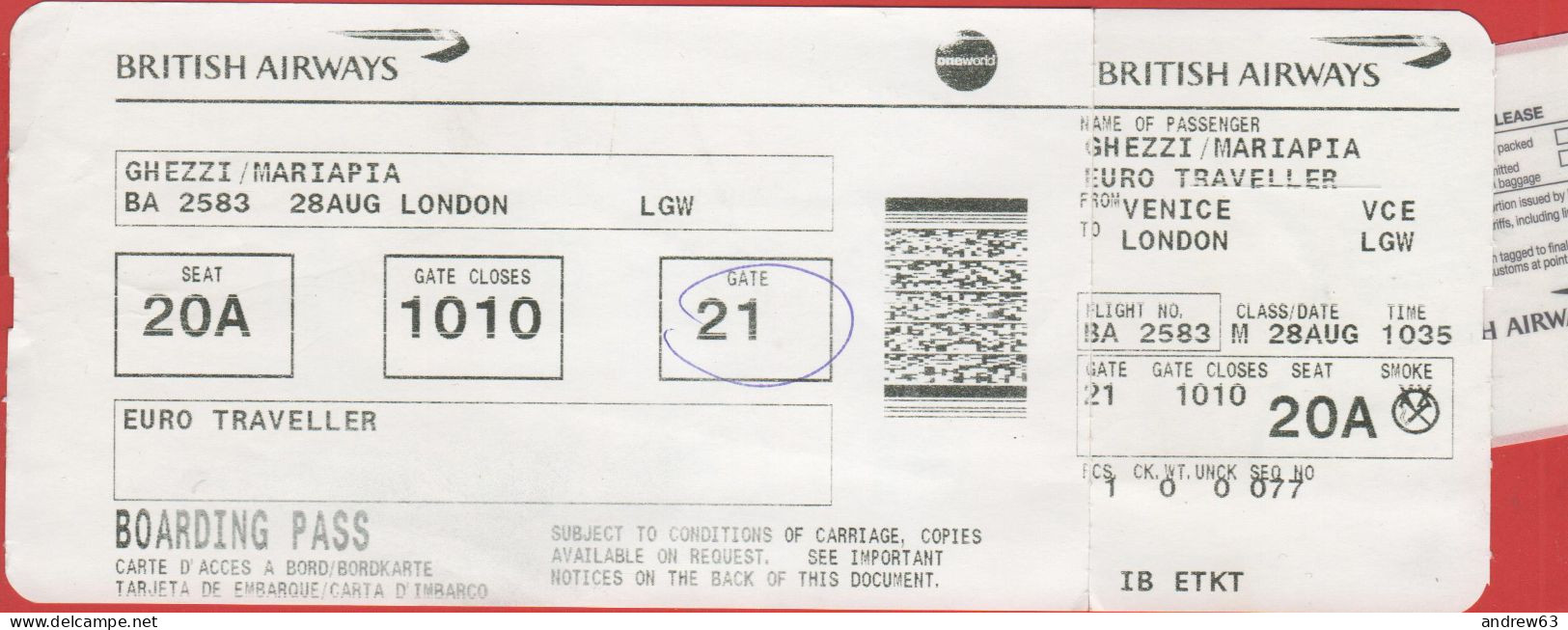 BRITISH AIRWAYS - BA 2583 - VENICE-LONDON - Carta D'Imbarco - Boarding Pass - Europe