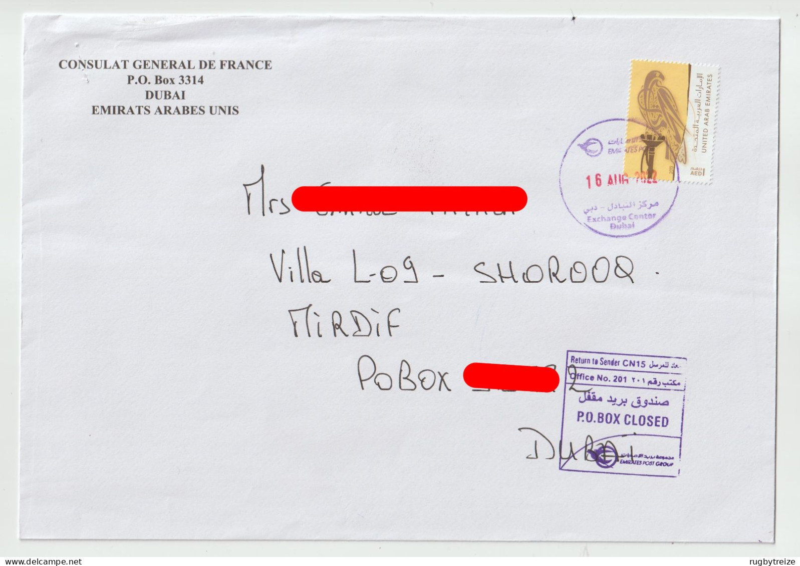 7297 Lettre Cover UEA EAU DUBAI - RETURN TO SENDER RTS NPAI AIGLE EAGLE - EMIRATS ARABES UNIS United Arab Emirates 2022 - Dubai