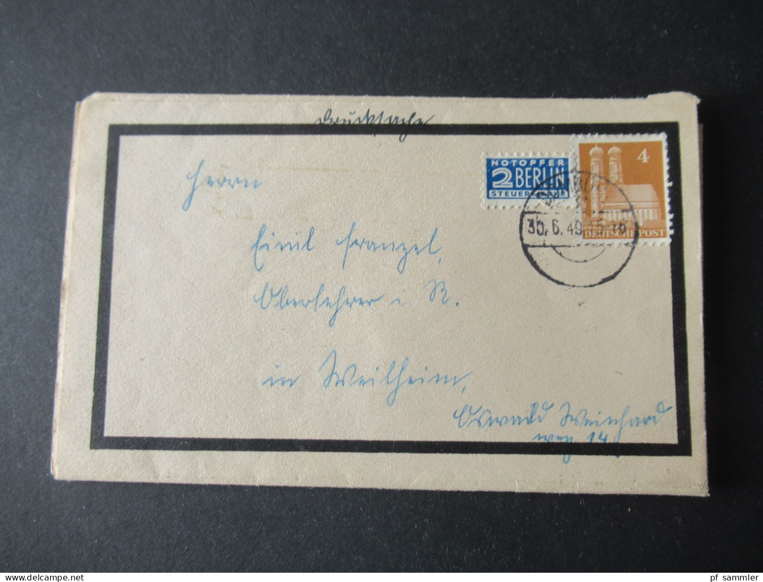 Bizone 1949 Bauten Nr.74 Wg EF Drucksache / Todesanzeige Oberlehrer Aus Dombühl, Sulzberg, Allgäu - Storia Postale