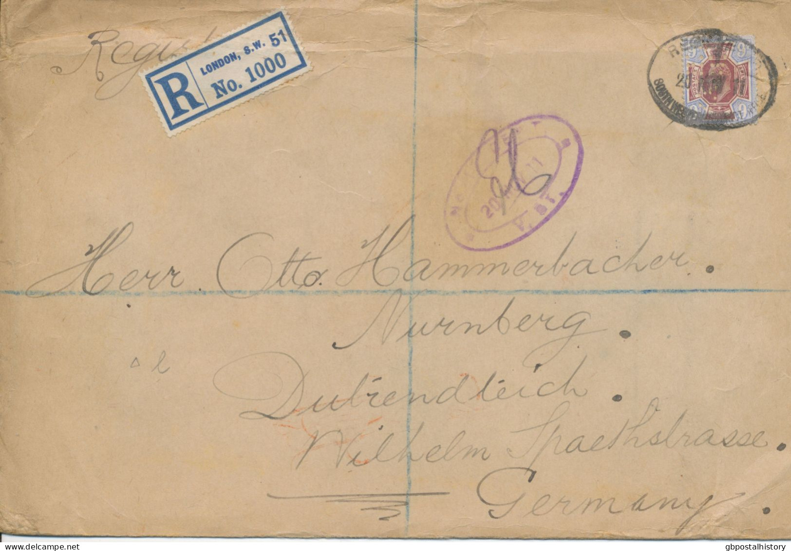 GB 20.11.1911, EVII 9d Somerset House (PERFIN) Rare Single Postage On Large Registered Cover With R-Label „London, S.W. - Briefe U. Dokumente