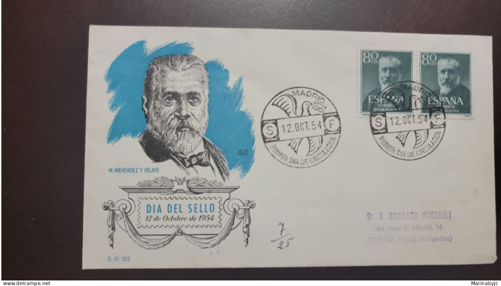 P) 1954 SPAIN, STAMP DAY, MENENDEZ Y PELAYO, CIRCULATED TO BUENOS AIRES, FDC, XF - Other & Unclassified