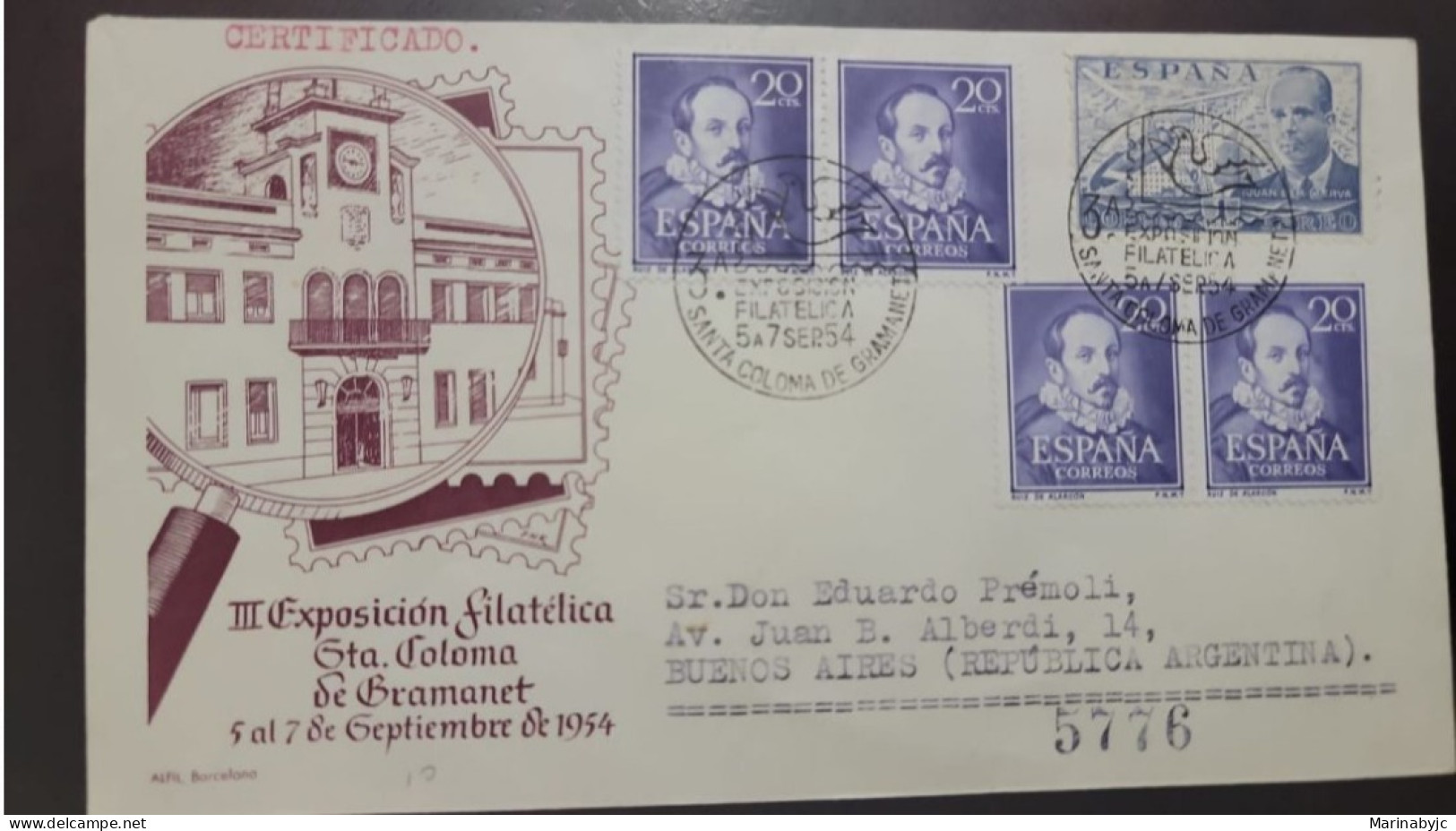 P) 1954 SPAIN, III PHILATELIC EXHIBITION GRAMANET, RUIZ DE ALARCON, AIRMAIL, CIRCULATED TO BUENOS AIRES ARG, FDC, XF - Other & Unclassified