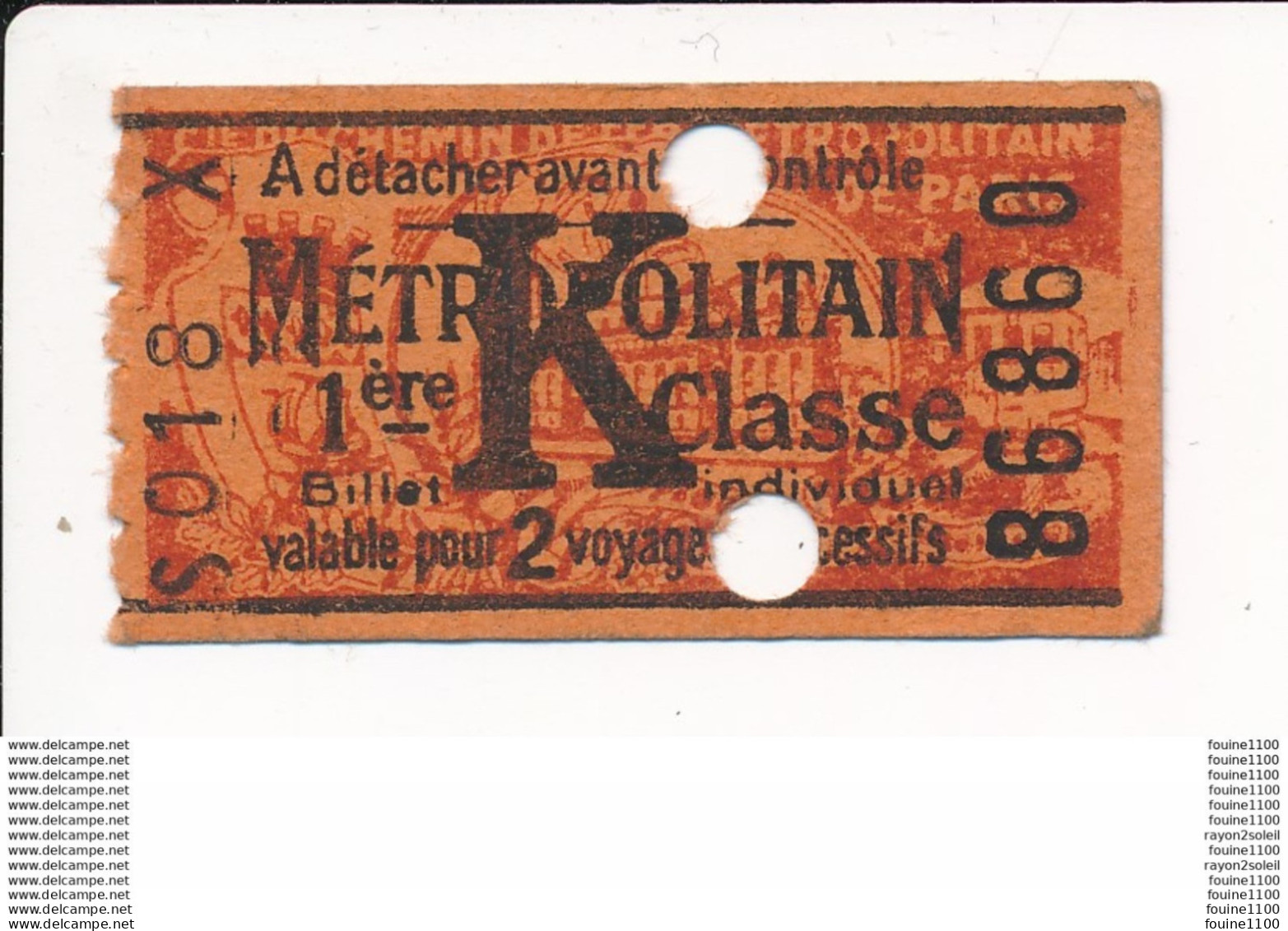 Ticket De Métro De Paris ( Métropolitain ) 1ère Classe  Lettre K - Europe