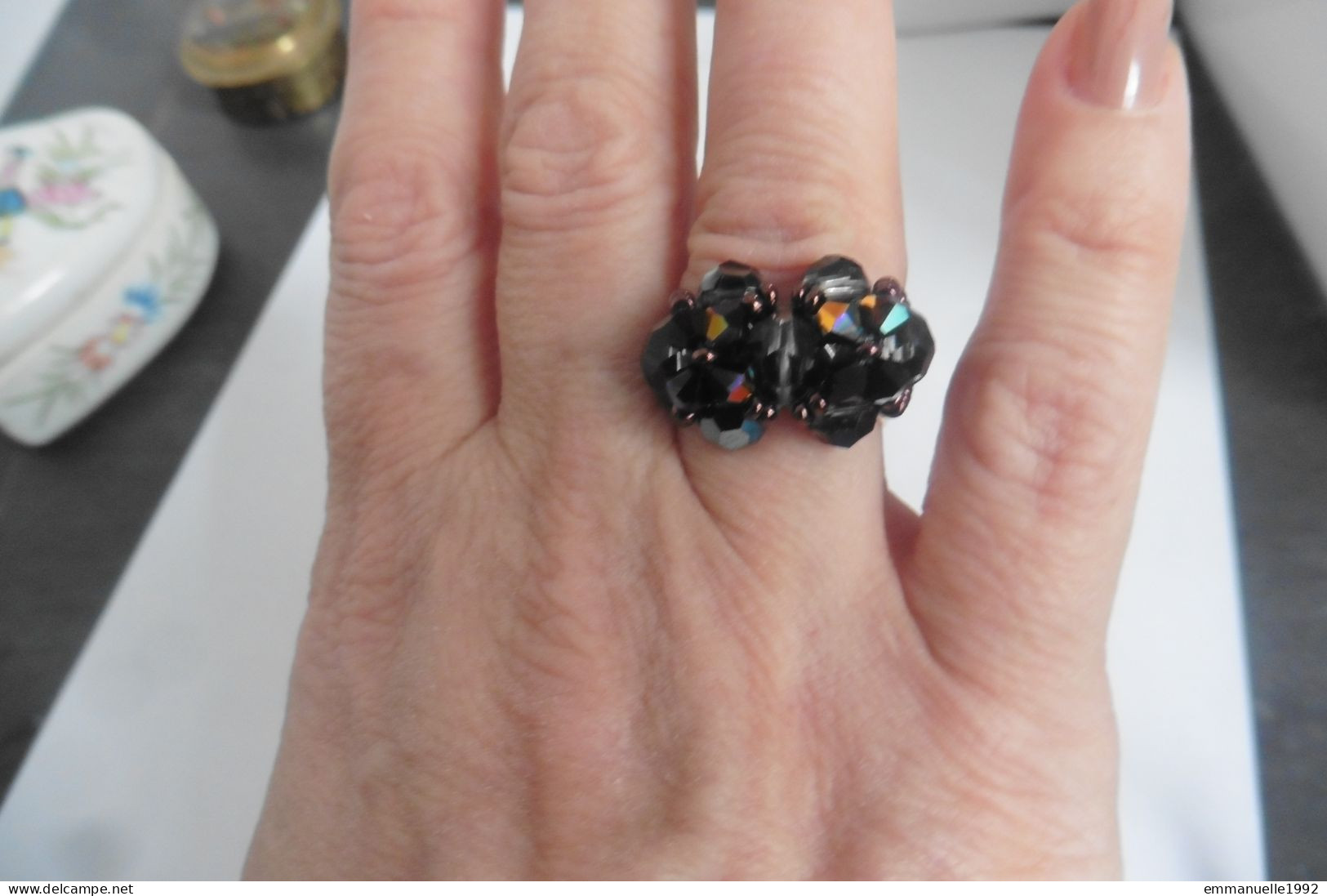 Neuf - Bague Artisan Créateur Cristaux Gris Et Noir Irisés Aurore Boréale Et Perles De Rocaille Cuivré T 54-55 - Bagues