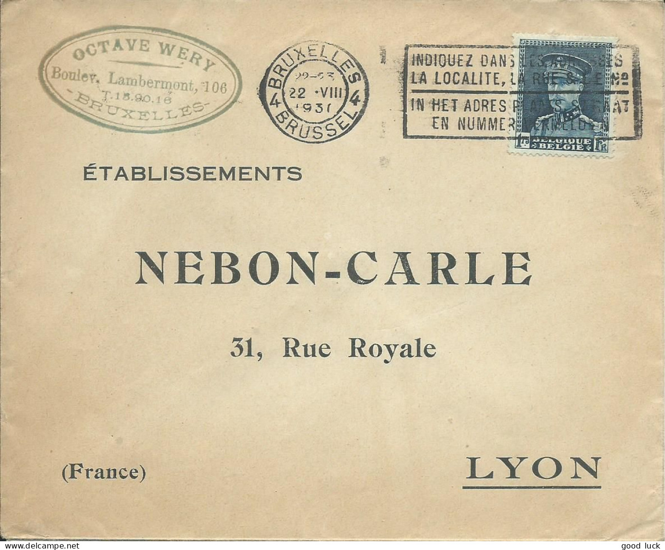 BELGIQUE LETTRE 1F75 BRUXELLES POUR LYON ( RHONE ) DE 1931 LETTRE COVER - 1931-1934 Kepi