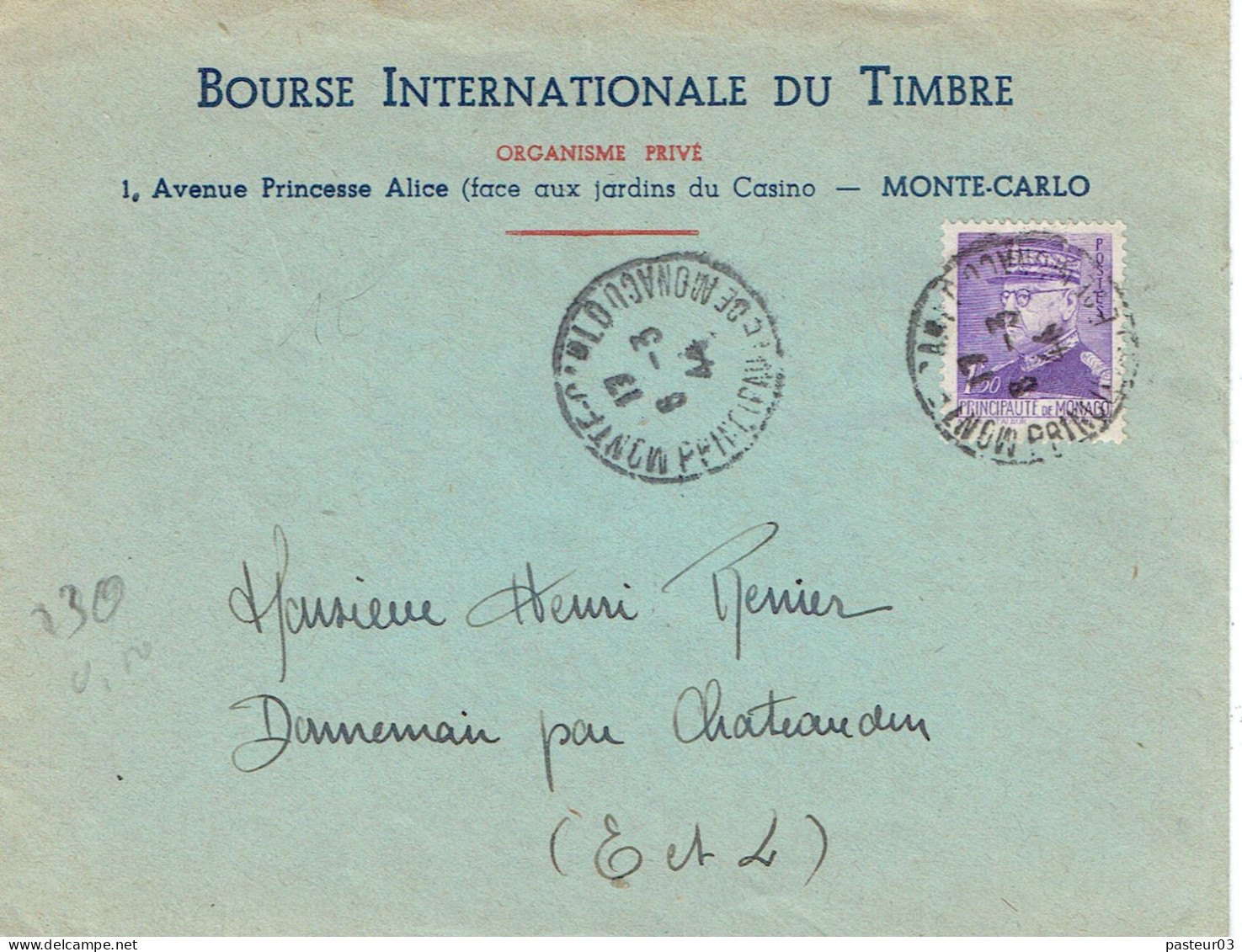 230 Monaco Albert 1er 1,50 F. Violet TAD 5-3-1944 - Lettres & Documents