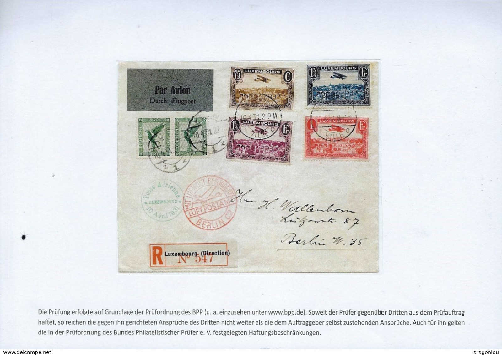 Luxembourg - Luxemburg - Poste Aérienne  1931  Michel 234-237 , Breguet-Doppeldecker,Ersttdgbrief+Zusatzfrankatur - Brieven En Documenten